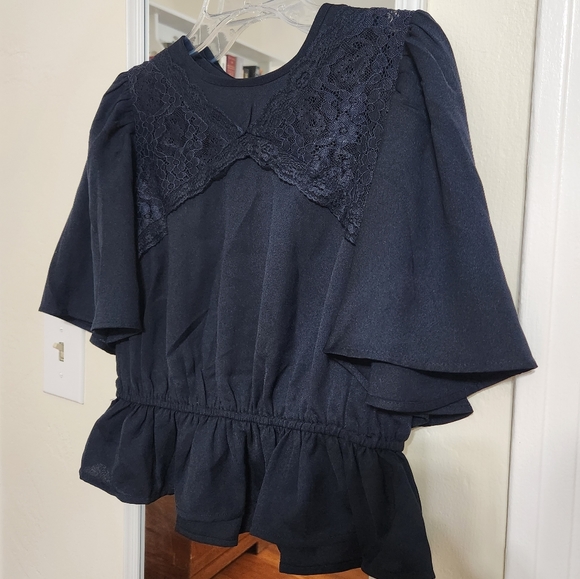 Express Navy Blue Lace Open Back Top Blouse - Picture 5 of 10